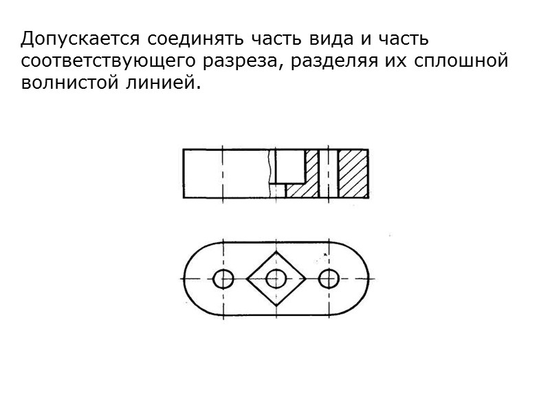 Допускается соединять часть вида и часть соответствующего разреза, разделяя их сплошной волнистой линией.